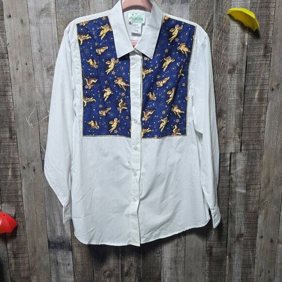 The Quacker Factory Vintage White Cherub Angel Graphic Button Up Shirt - Picture 1 of 4